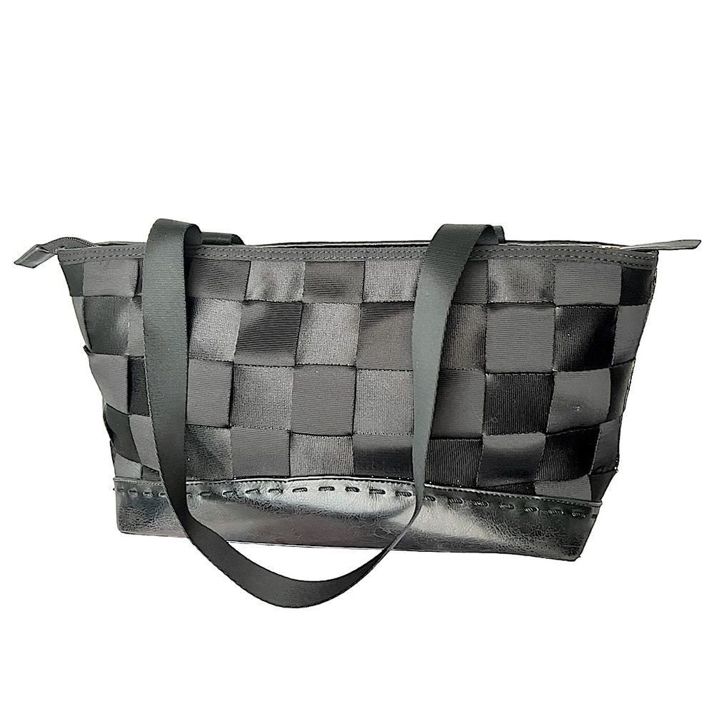 Black Rectangle Seatbelt Purse with Shoulder Straps and top zipper